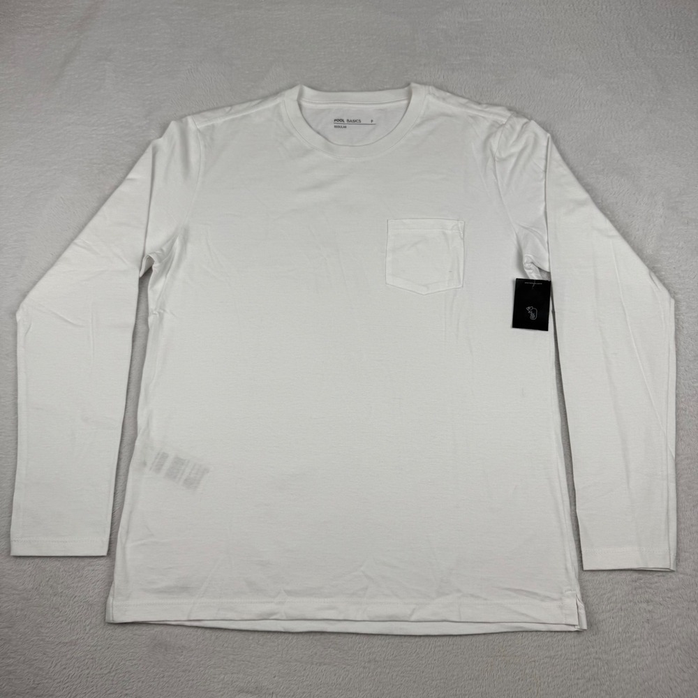Pool Basics Long Sleeve T-Shirt Mens Small White Pocket Crew Neck Cotton G24JB